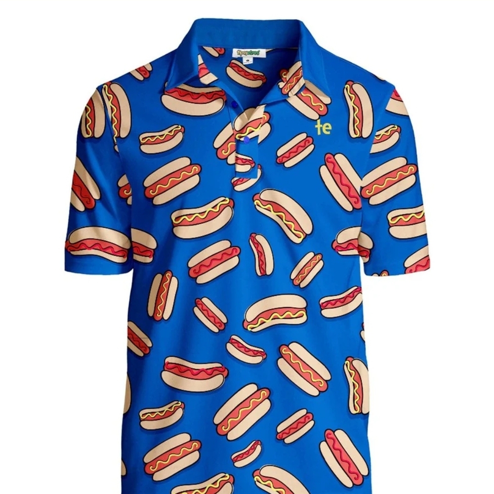 Tipsy Elves Blue Polo with Hot Dog Pattern